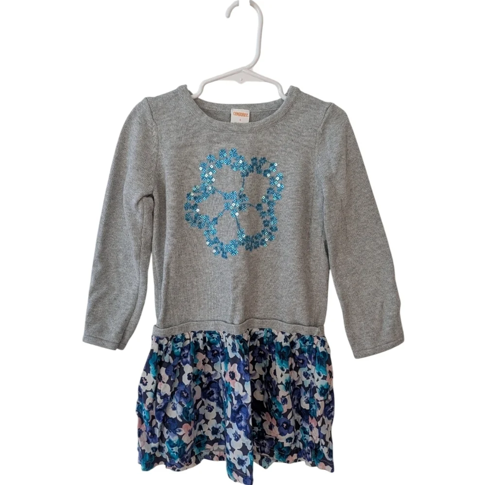 Gymboree Girls Gray Sweater Dress with Blue Floral Skirt Size 5